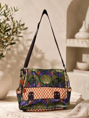 Fossil Floral Coated Canvas Messenger Bag Boho Retro Print Shoulder Purse